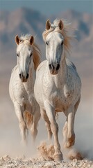 Obraz premium Two white horses galloping through desert landscape with mountains in the background during golden hour