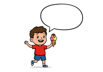 Cartoon Boy Holding Ice Cream Cone with Speech Bubble.