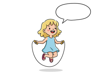 Cartoon Girl Skipping Rope with Speech Bubble Blonde Hair Blue Dress.