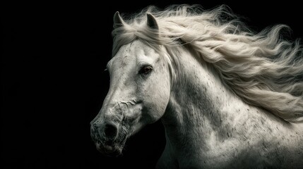 Majestic white horse with flowing mane against dark background showcasing elegance and beauty in motion