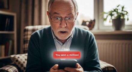 Senior man shocked by fake SMS message on phone. Caucasian elder male reading "You won a million!" scam notification. Online fraud and cyber security concept.