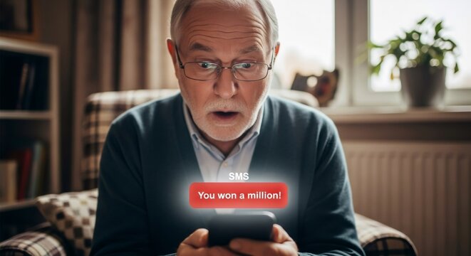 Senior man shocked by fake SMS message on phone. Caucasian elder male reading "You won a million!" scam notification. Online fraud and cyber security concept.