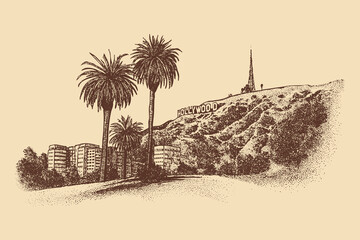 Hollywood Sign, LosAngeles illustration in a vintage style. This vector illustration can be used in any size you like for advertising, logos, and other work.