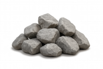 Gray rocks stacked strategically, forming balanced cairn-like formation on clean transparent surface, ideal for graphic design compositing