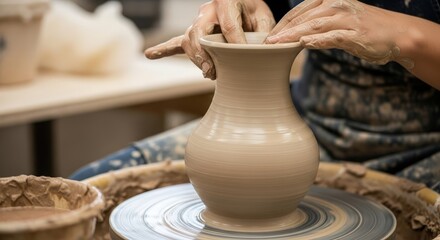 Close-up of a person's hands skillfully shaping a clay vase on a pottery wheel, demonstrating the art of ceramics and craftsmanship.