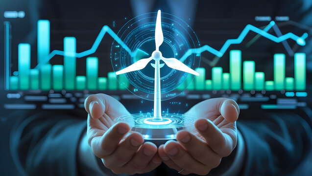 Hands holding digital wind turbine with financial data visualization