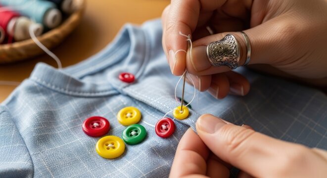 Close-up of hands sewing colorful buttons onto a light blue baby shirt, with spools of thread visible in the background.