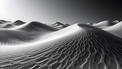 Abstract black and white desert sand dunes with intricate ripple patterns under a bright sky