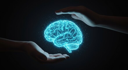 Abstract glowing brain protected by hands, symbolizing technology, business, and lifestyle advancements against a dark background, with a touch of nature and human connection