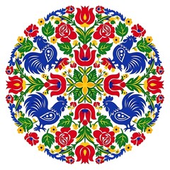 Vibrant circular design featuring stylized roosters, flowers, and foliage in bold colors.