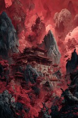 ancient asian temple mountain fortress red fog mysterious dark fantasy landscape digital art