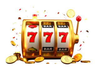 Lucky 777 Slot Machine with Coins and Confetti Isolated on Transparent Background PNG