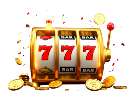 Lucky 777 Slot Machine with Coins and Confetti Isolated on Transparent Background PNG - Powered by Adobe