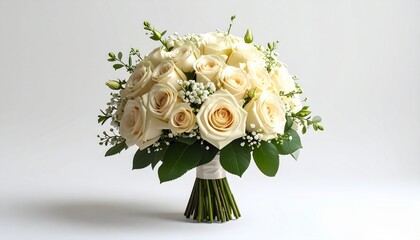 Fototapeta premium Cream rose bouquet with white filler flowers and green leaves, tied with white ribbon on plain background.