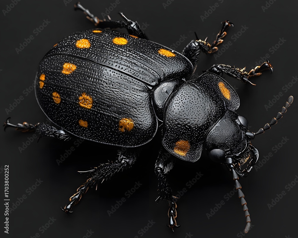 Poster close up low key studio portrait of a black beetle with distinct orange spots