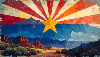 Arizona flag overlayed on a desert landscape