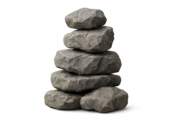 Balanced gray stones carefully arranged in meditative tower, symbolizing zen harmony and minimalist equilibrium on clean background