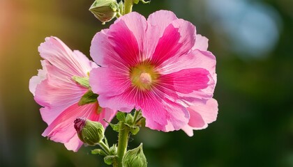 Bright Pink Hollyhock Flower Blossom Closeup Photo Outdoors Isolated Against Natural Green Blurred Background