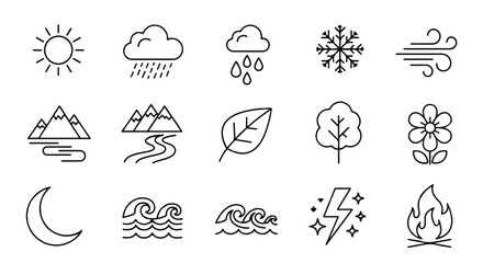 A versatile set of thin line icons depicting weather phenomena and natural elements like sun, mountains, wind, and fire