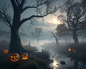 Spooky Halloween Swamp Scene with Pumpkins and Fog