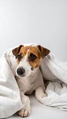 Dog nestled in a white blanket