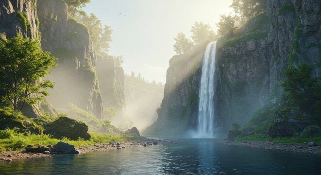 A serene waterfall cascading into a tranquil river valley, surrounded by lush greenery and misty mountains. - Powered by Adobe