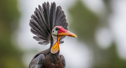 Naklejka premium Close-up portrait of a maleo bird with its distinctive fan-like crest, red and yellow facial markings, and long yellow beak, against a blurred natural background.