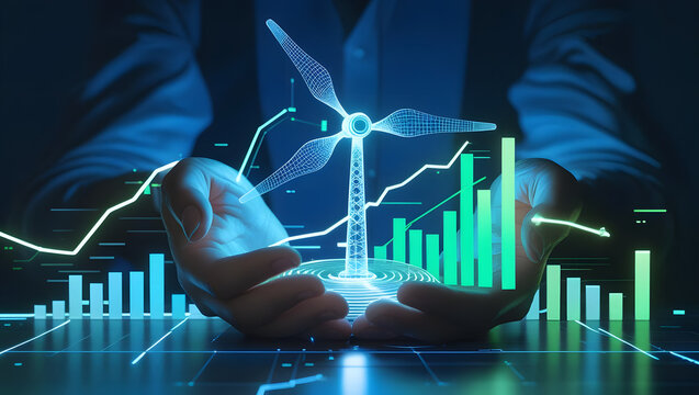 Holographic wind turbine held in hands with financial data streams - Powered by Adobe