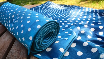 Blue Polka Dot Picnic Blanket Rolled Up Ready For Outdoor Dining And Recreation