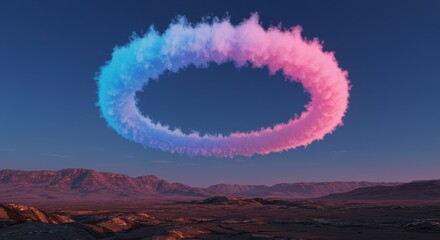 A vibrant, colorful ring of smoke or cloud floats serenely above a vast, arid landscape, painting the serene sky with hues of pink and blue.