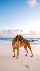Dog on a beach at sunrise