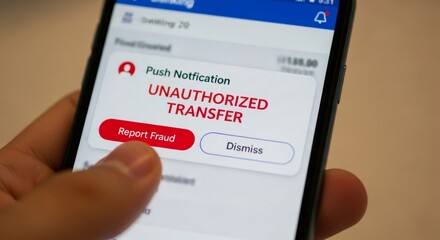 Man taps “Report fraud” on phone screen after receiving unauthorized transfer notification. Digital banking security issue concept.