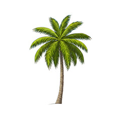 Obraz premium A detailed, realistic illustration of a tall, tropical coconut palm tree with lush green fronds and a textured brown trunk, isolated on a white background.