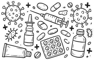 Hand drawn doodle collection of medicine and healthcare with pills, syringe, bottle, virus, isolated on transparent background, generative ai