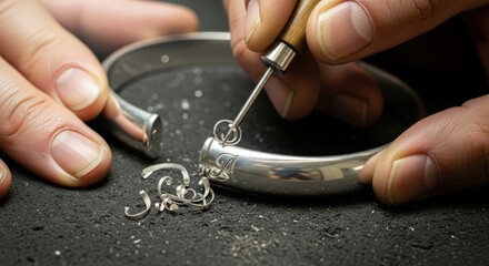 A skilled artisan meticulously crafting a silver bracelet with a precision tool on a dark workbench.