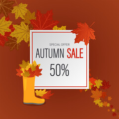 Autumn background. An advertising banner with autumn leaves and a boot. Autumn 50% discount. Vector illustration