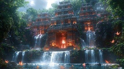 Fototapeta premium Ancient stone temple nestled in lush jungle with waterfalls.