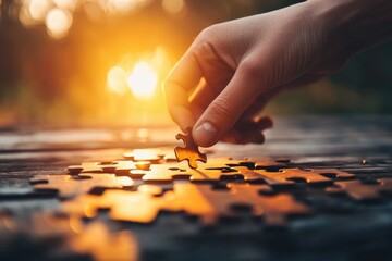 Hand holding puzzle piece over wooden surface with warm sunlight creating glowing and peaceful atmosphere during sunset or sunrise