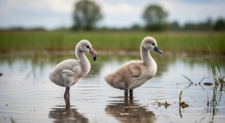 Obraz premium Two young birds, a pink flamingo chick and a light brown cygnet, stand in shallow water amidst green reeds, with a blurred natural background.