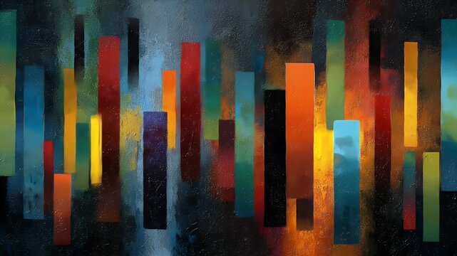 Abstract cityscape of vertical rectangles in deep colors