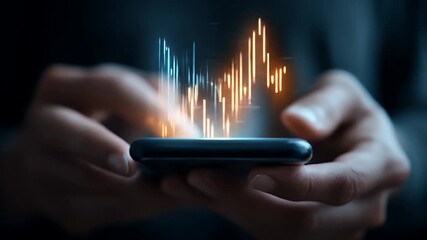 Hands holding a smartphone with financial chart overlay - Powered by Adobe