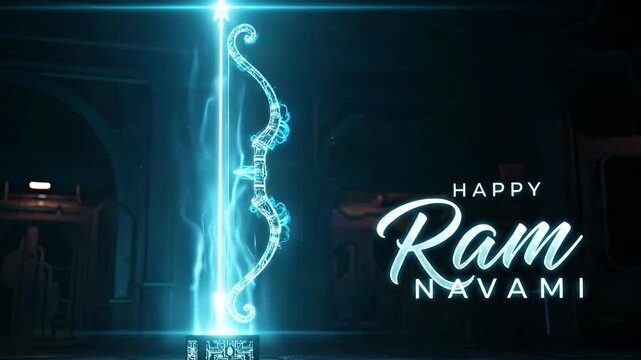 Glowing Neon Bow and Arrow with Happy Ram Navami Text Keywords: Ram Navami, Hindu festival, bow
