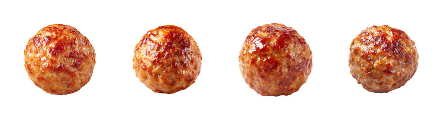 Four perfectly cooked, golden brown meatballs glazed with rich, savory sauce, isolated on a black background PNG set