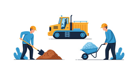 Construction worker operating excavator with shovel on industrial site with heavy machinery and vehicles