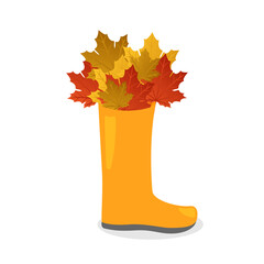 Autumn rubber boot filled with autumn maple leaves. Autumn background. Vector illustration