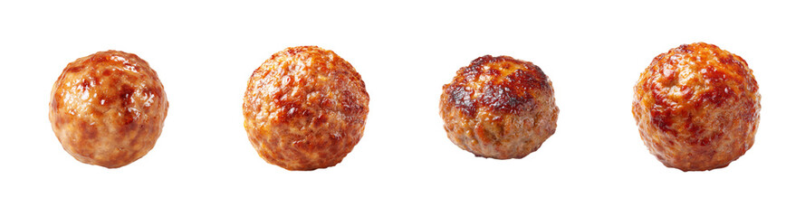 Four realistic, juicy, glazed meatballs isolated on black background, studio shot, high detail, PNG set, transparent background