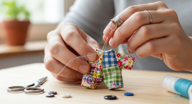 Close-up of a person's hands carefully sewing miniature patchwork doll clothes with a needle and thread on a wooden table.