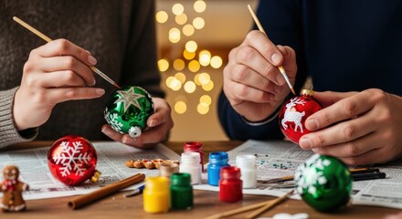 Naklejka premium Two people painting festive Christmas baubles with brushes and colorful paints on a wooden table.