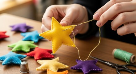 Obraz premium Close-up of hands sewing a yellow star-shaped felt ornament with thread and needle.