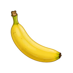 Close-up of a single ripe banana, showing its yellow peel and stem.